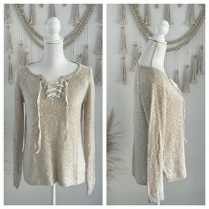 Target beige slub knit lace up sweater tan minimalist tie front contemporary M